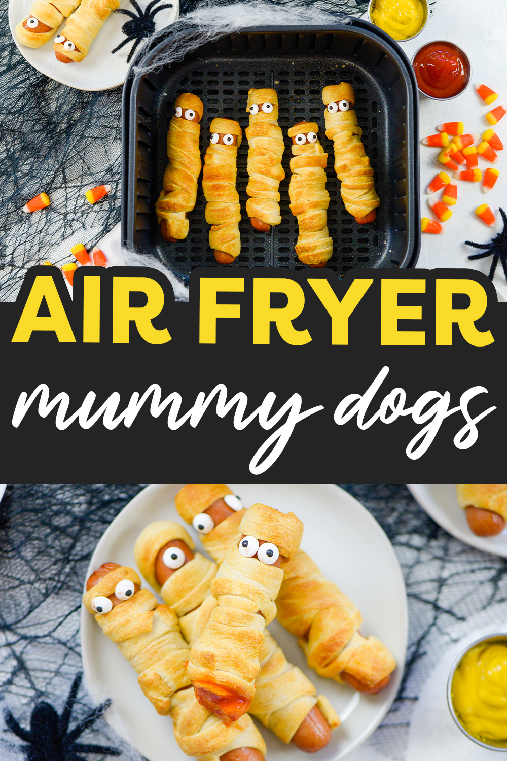 These are the cutest mummy dogs I have ever had!  We made these in the air fryer with a modified pigs in the blanket recipe.  Sure to be a hit at your Halloween gathering!