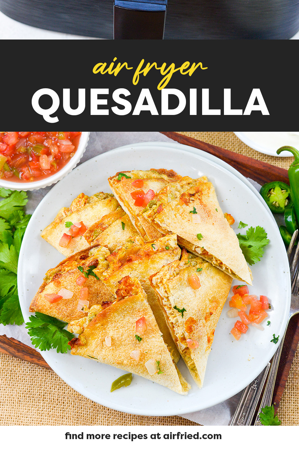 Overhead view of a sliced quesadilla.
