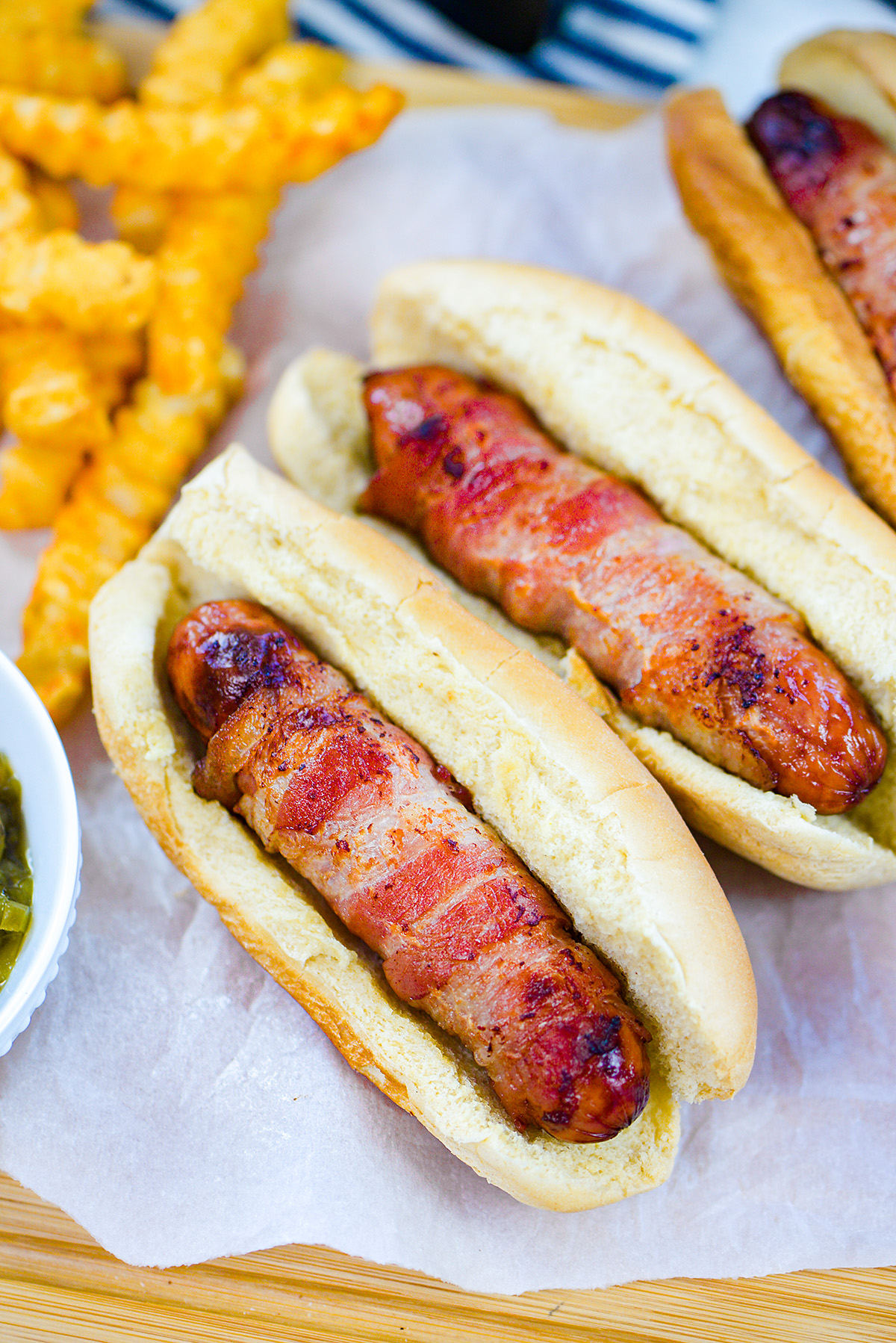 deep fried bacon wrapped hot dogs