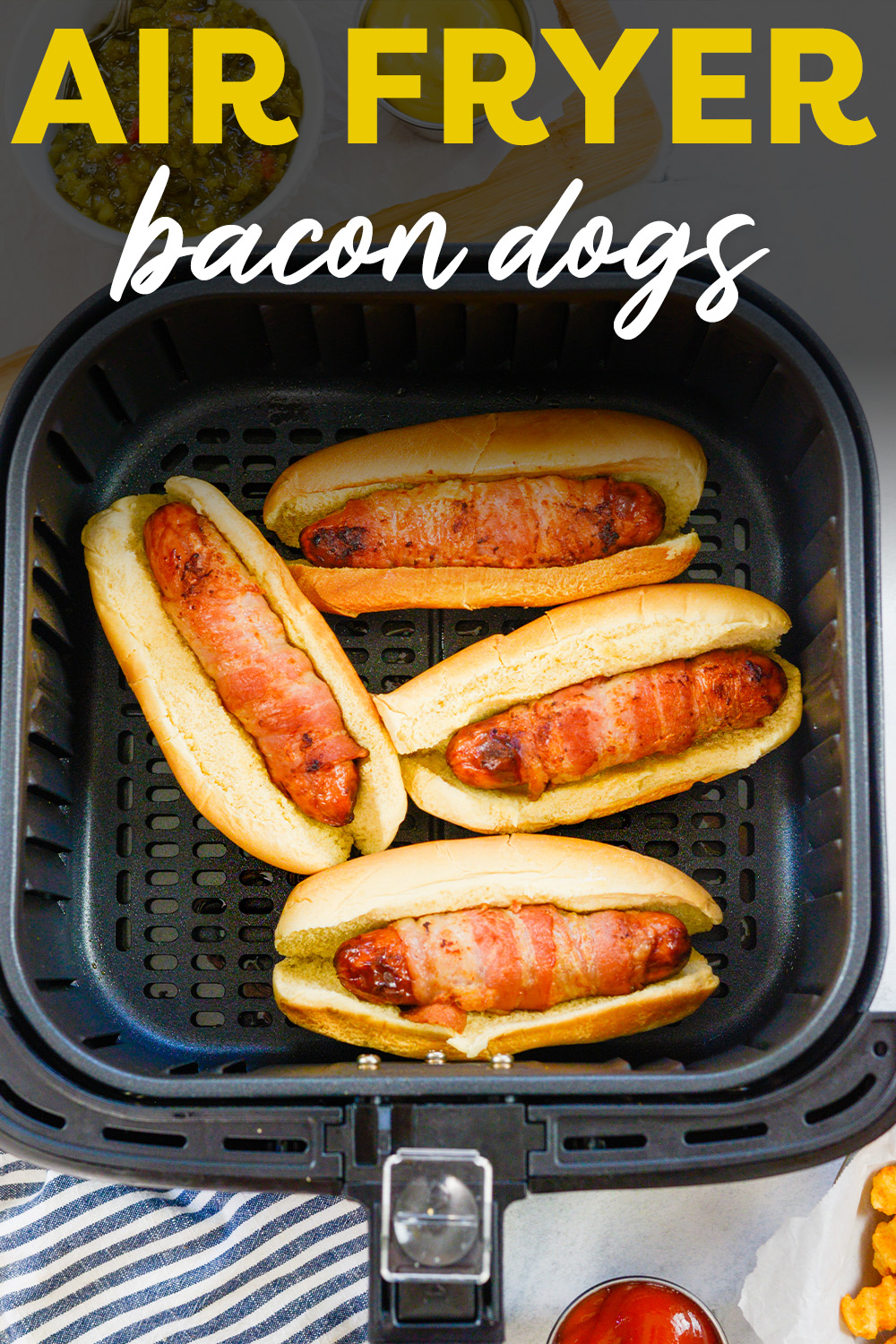Bacon wrapped hot dogs are a fantastic adult way way to eat hot dogs.  Cook them easily in your air fryer!
