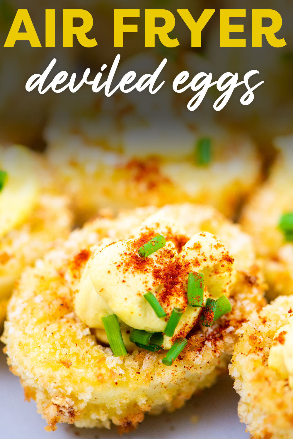 Close up of an air fried deviled egg.