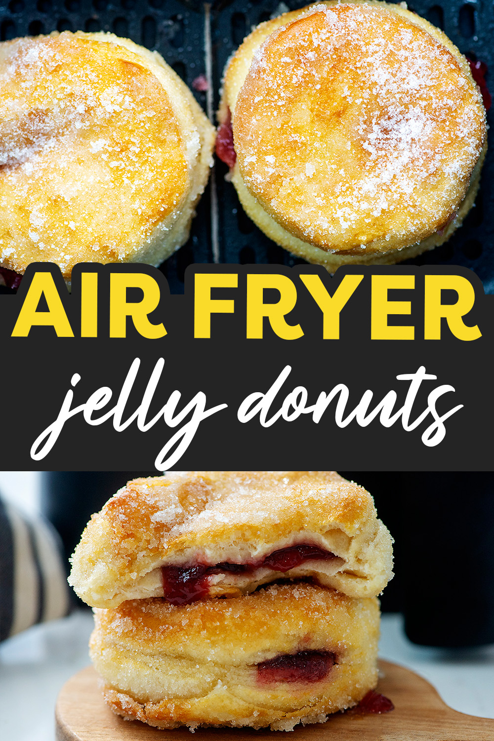 These homemade air fryer jelly donuts are super simple to make!  The air fried biscuit base is amazing and the warm jelly center goes perfect with this donut!