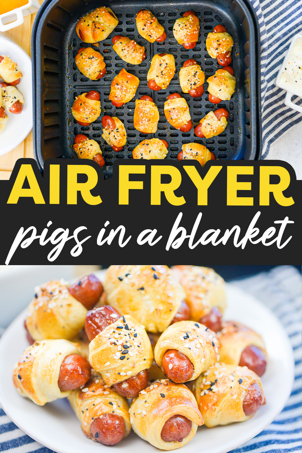 These mini pigs in a blanket are so easy to make in an air fryer!  We give them a little seasoning for a perfect appetizer!
