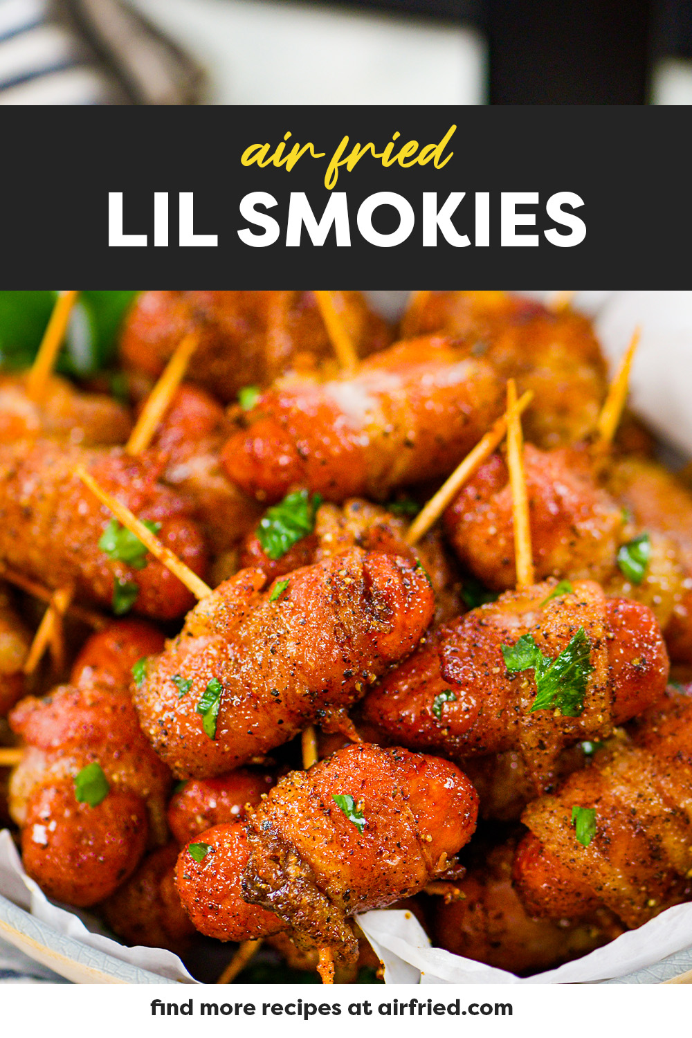 Making Bacon Wrapped Lil Smokies in the air fryer is so quick and easy (just 7 minutes cook time!) and these make the perfect party food! We toss these in a mix of spices to make the best little snack!
