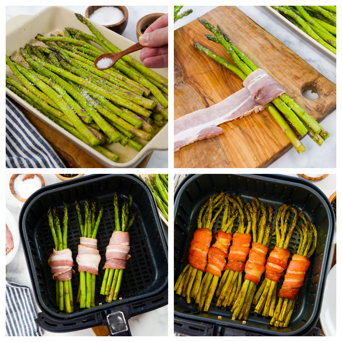 Collage of the steps of wrapping bacon around asparagus.