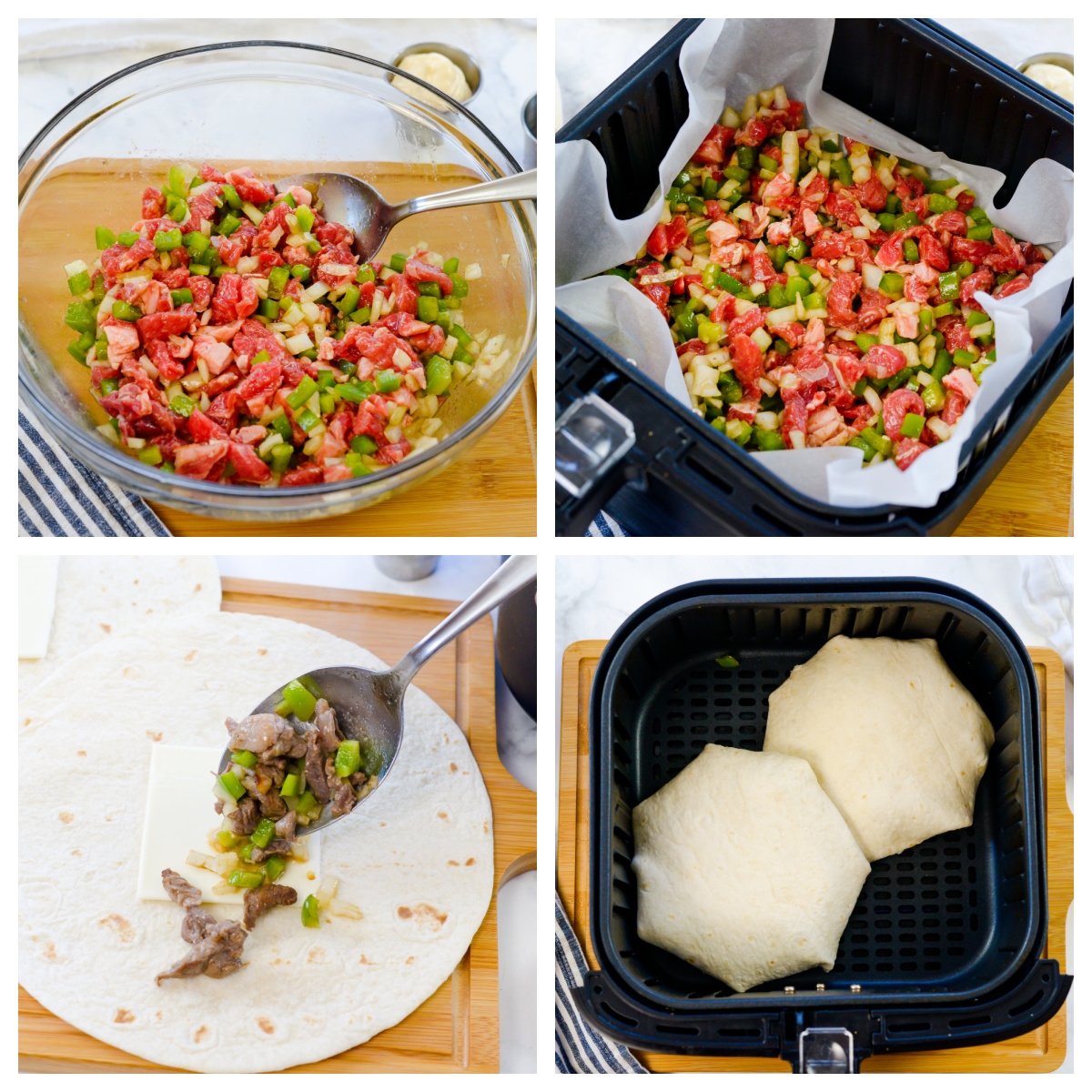 Collage showing how to make Philly crunchwrap.