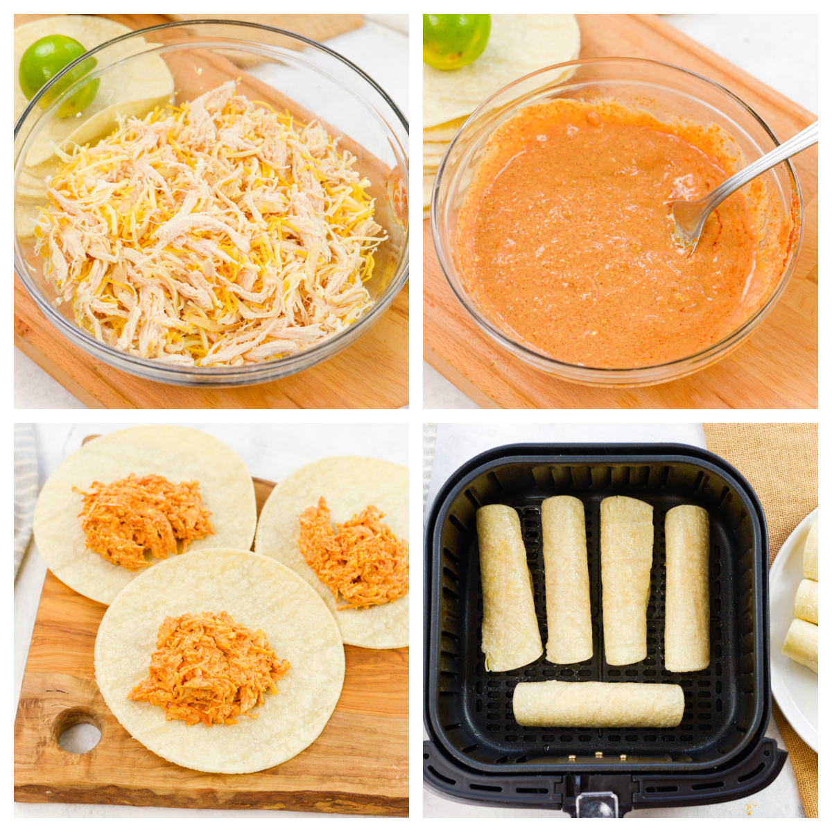 Collage of the steps of assembling chicken taquitos.