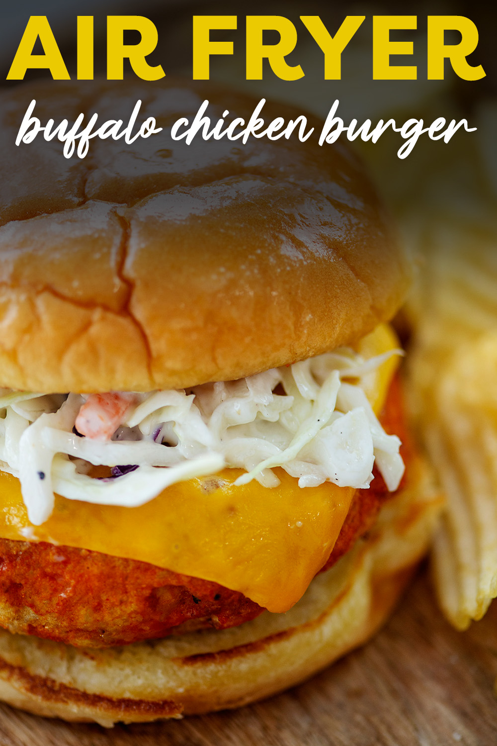This buffalo chicken burger can be customized to your preferred heat level!  And the texture is great coming from the air fryer!