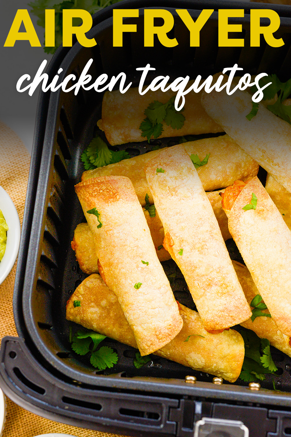 These crispy chicken taquitos are simple to make in the air fryer from scratch!  Dip them in your favorite sauce and go to town on them!