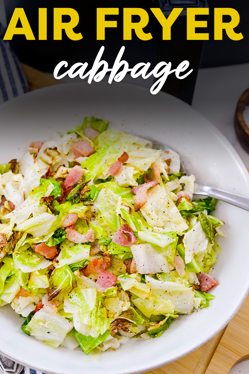 Air fryer fried cabbage is the best way to mix cabbage and bacon together!  The ease, texture, and taste is the BEST!