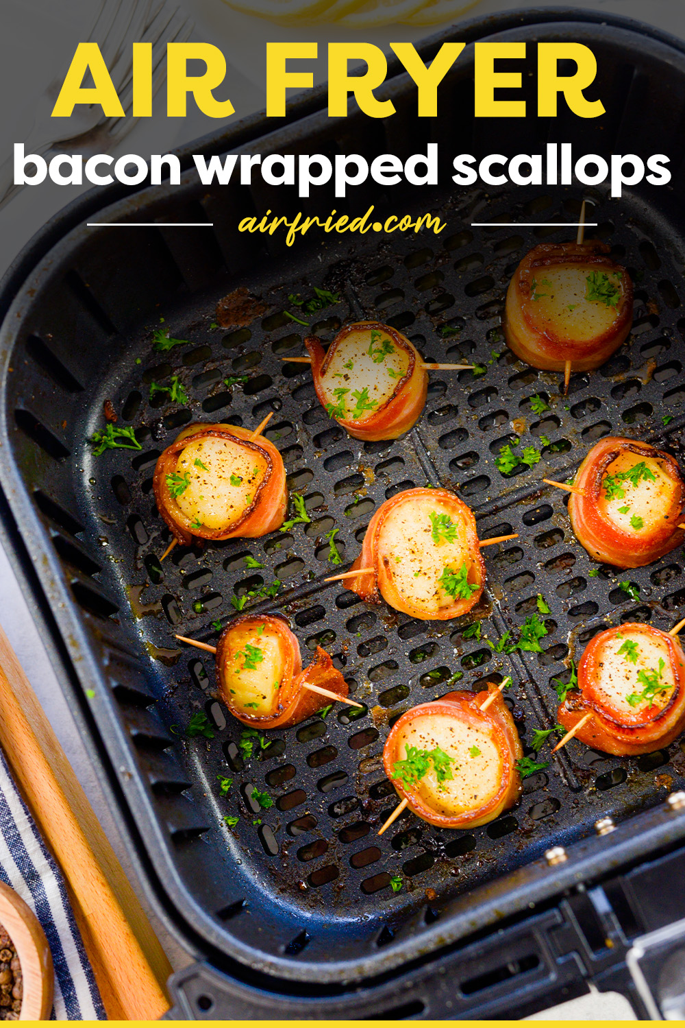 This awesom bacon wrapped scallop recipe is great for an appetizer or even a main course!  But don't tell anyone, it is simple to make in the air fryer!