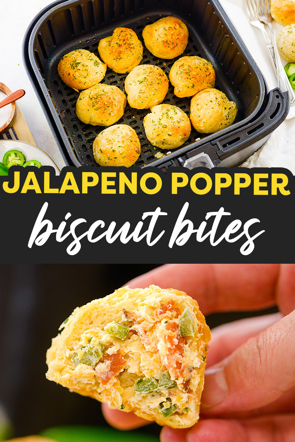 These jalapeno popper bites take the lovely popper and surround it an air fried biscuit.  Then we seasoned the biscuit for even more flavor!  This is a top notch appetizer!