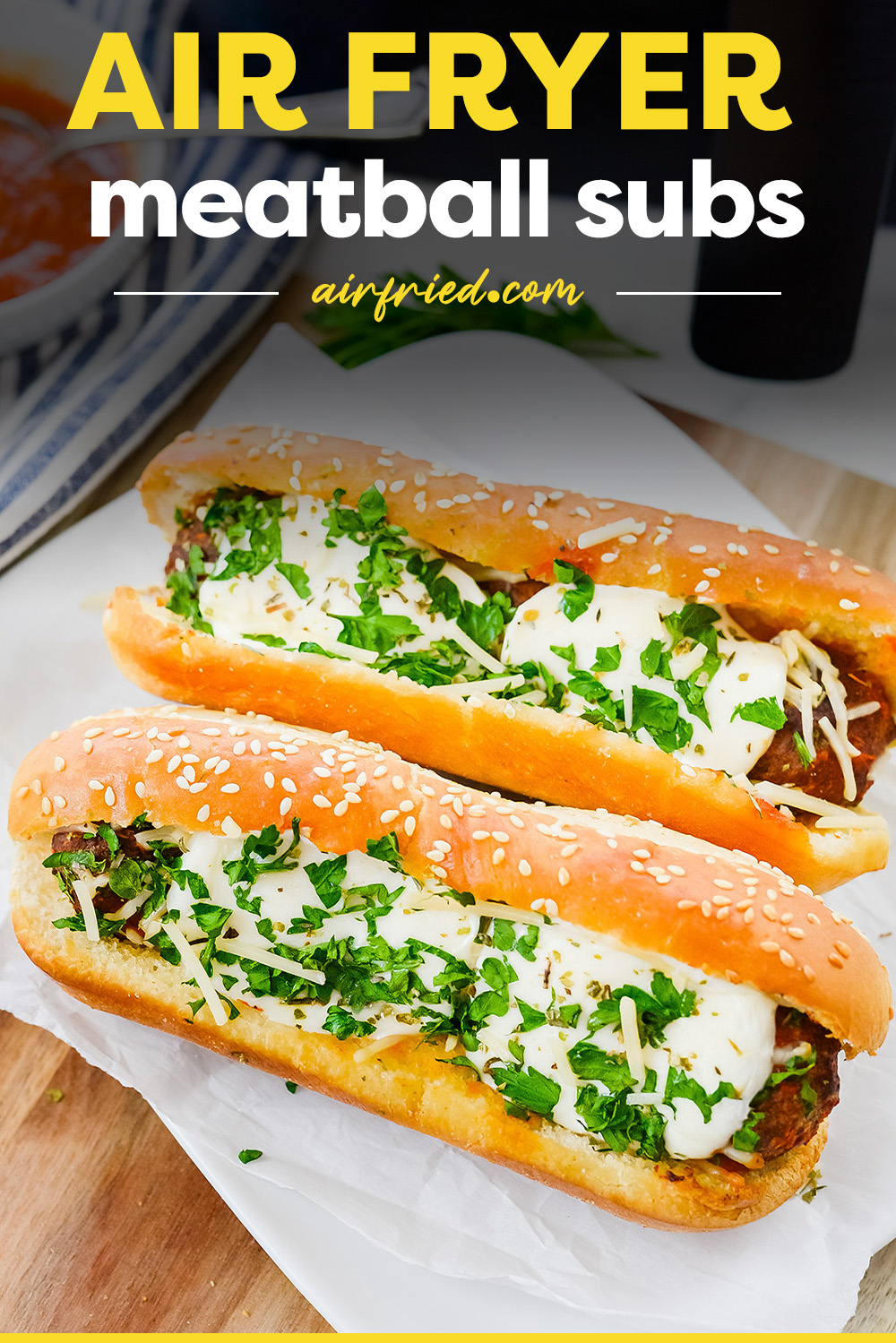 These meatball subs are super easy to make in the air fryer!  The bread is toasted, meatball is flavorful, and the cheese is so stringy!  We love it all!