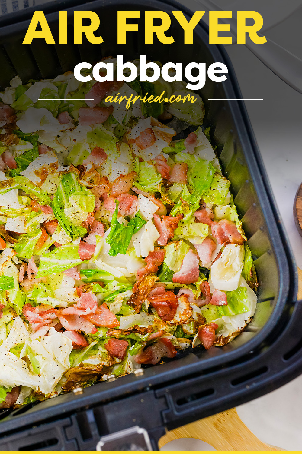 Air fryer fried cabbage is the best way to mix cabbage and bacon together!  The ease, texture, and taste is the BEST!