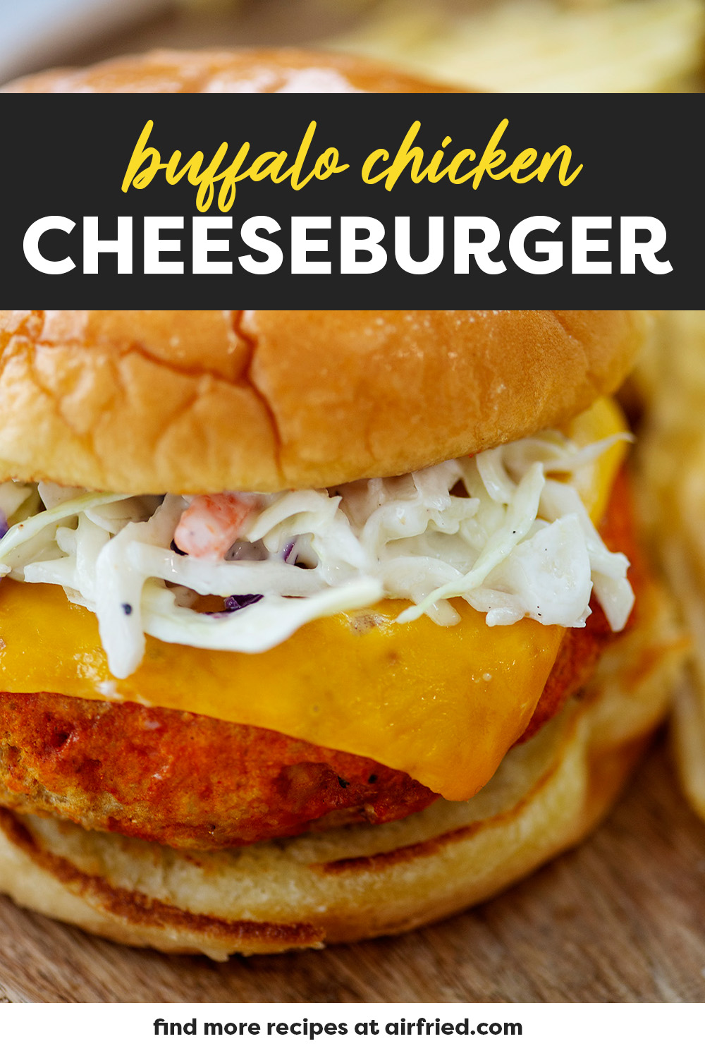 This buffalo chicken burger can be customized to your preferred heat level!  And the texture is great coming from the air fryer!
