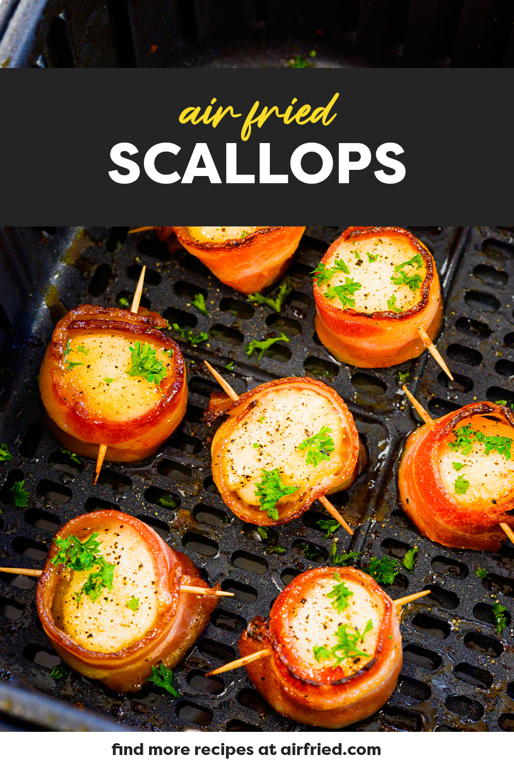 Several bacon wrapped scallops in an air fryer basket.