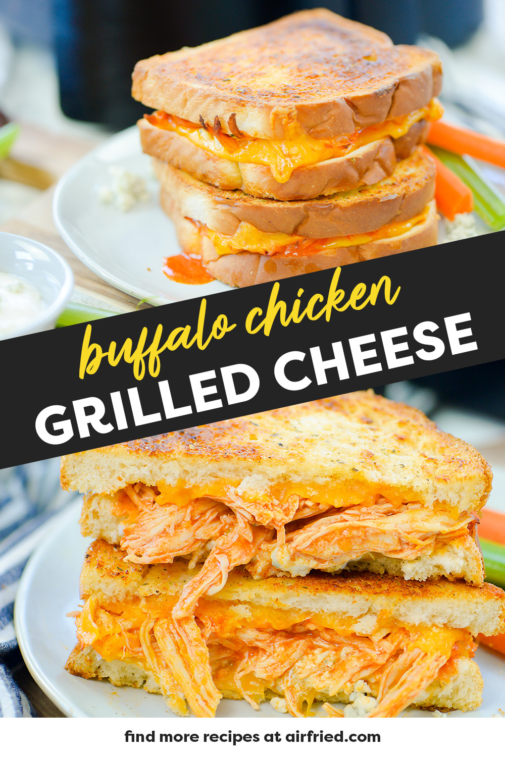 This buffalo chciken grilled cheese is a perfect blend of spice, chicken, and cheese on a sandwich!  You have to try this buffalo chicken grilled cheese recipe in your air fryer!