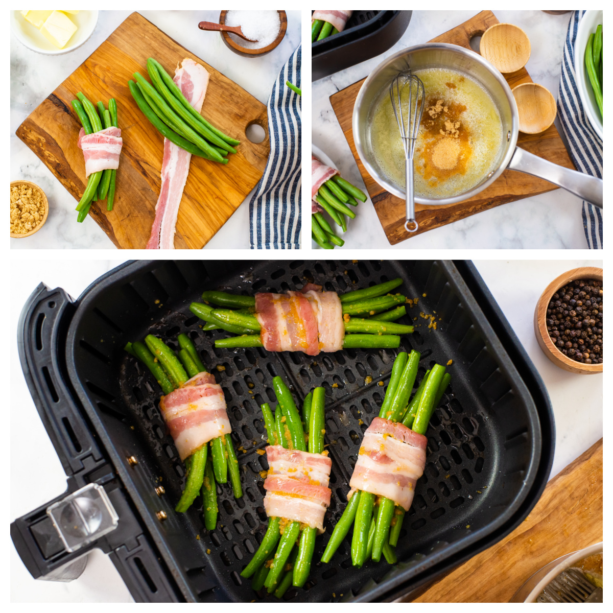 Collage of the steps of cooking bacon wrapped green beans.