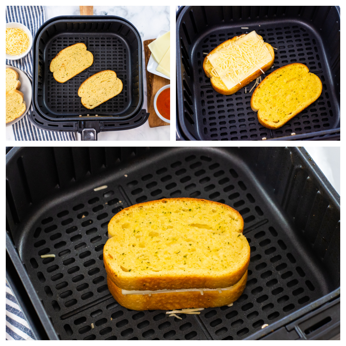 Collage of the steps of air frying a garlic bread grilled cheese.