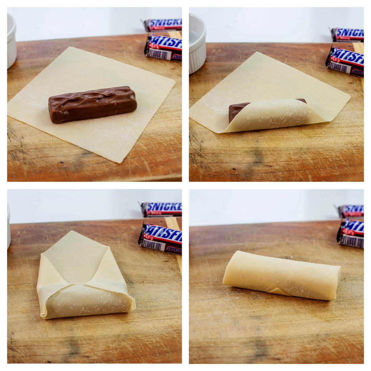 Collage of the steps of rolling a snickers in an egg roll wrapper.
