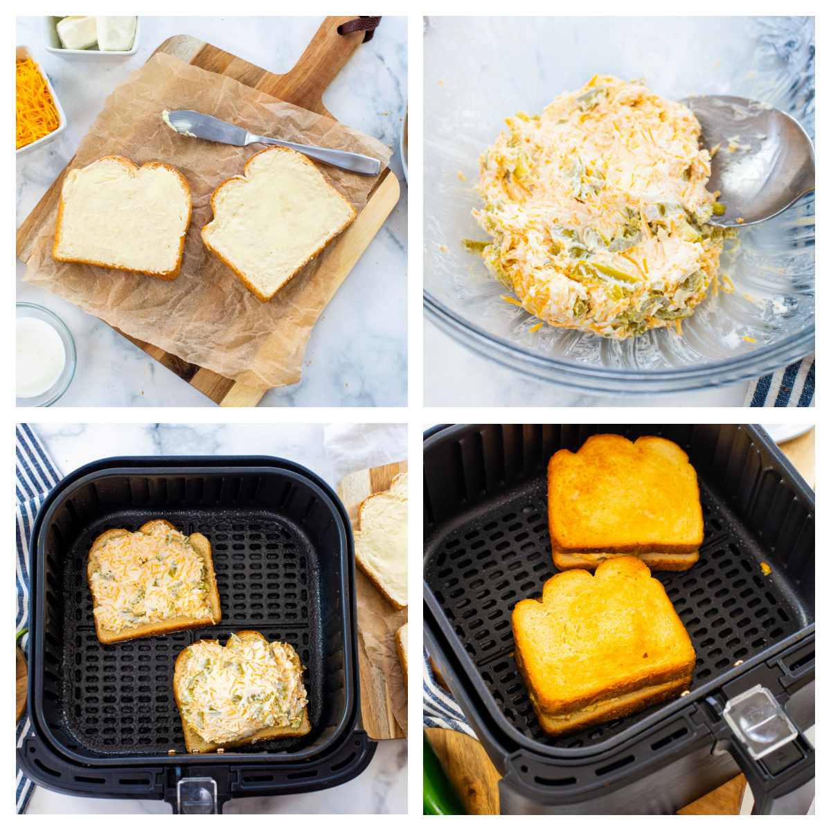Collage of the steps of cooking a jalapeno grilled cheese.