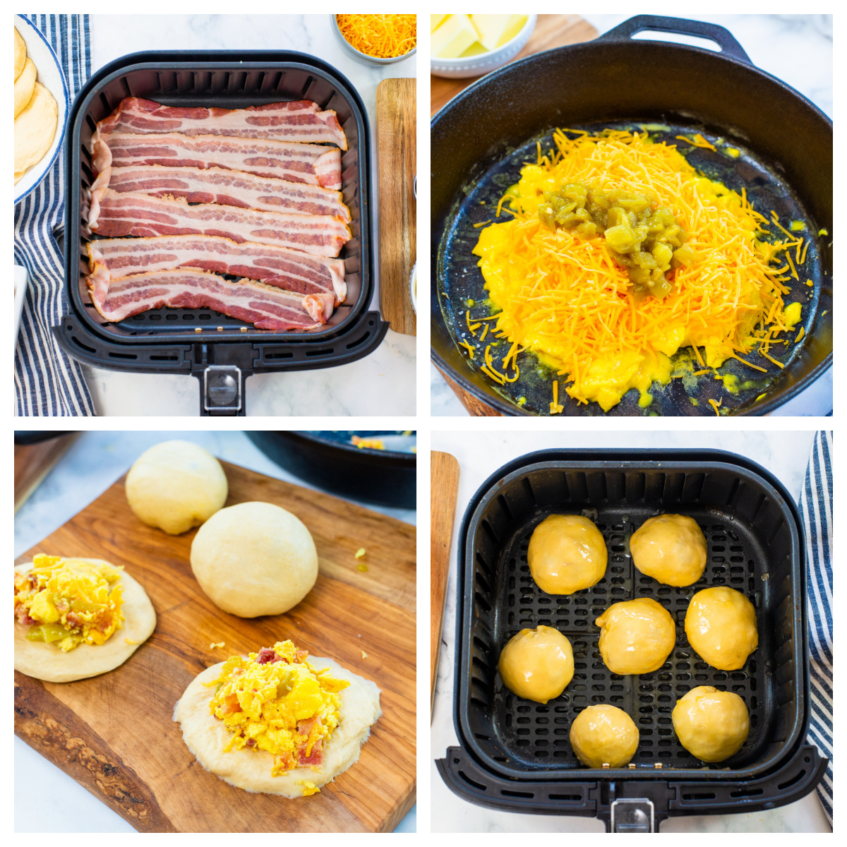Collage of the steps of making breakfast bites in an air fryer.