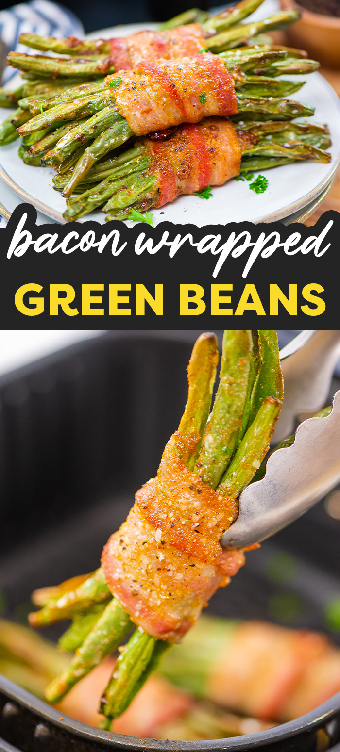 The air fryer makes these bacon wrapped green beans have crisp bacon, crisp green beans, and does it so simply!