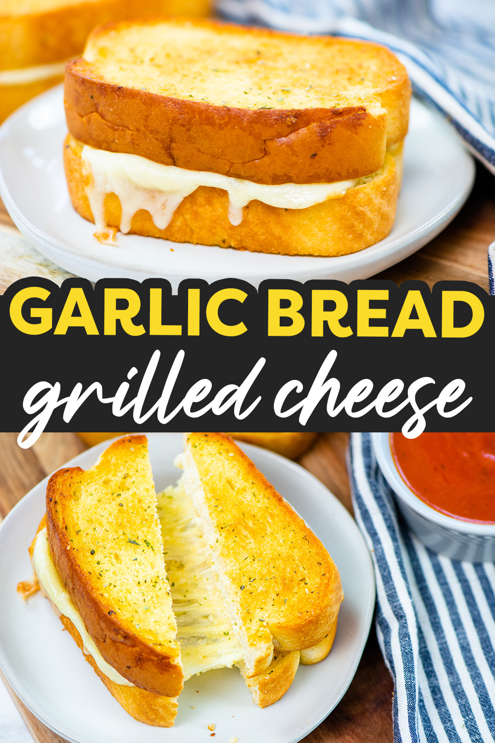 This garlic bread grilled cheeese has a great toasted texture and is flavored so well for a simple sandwich.