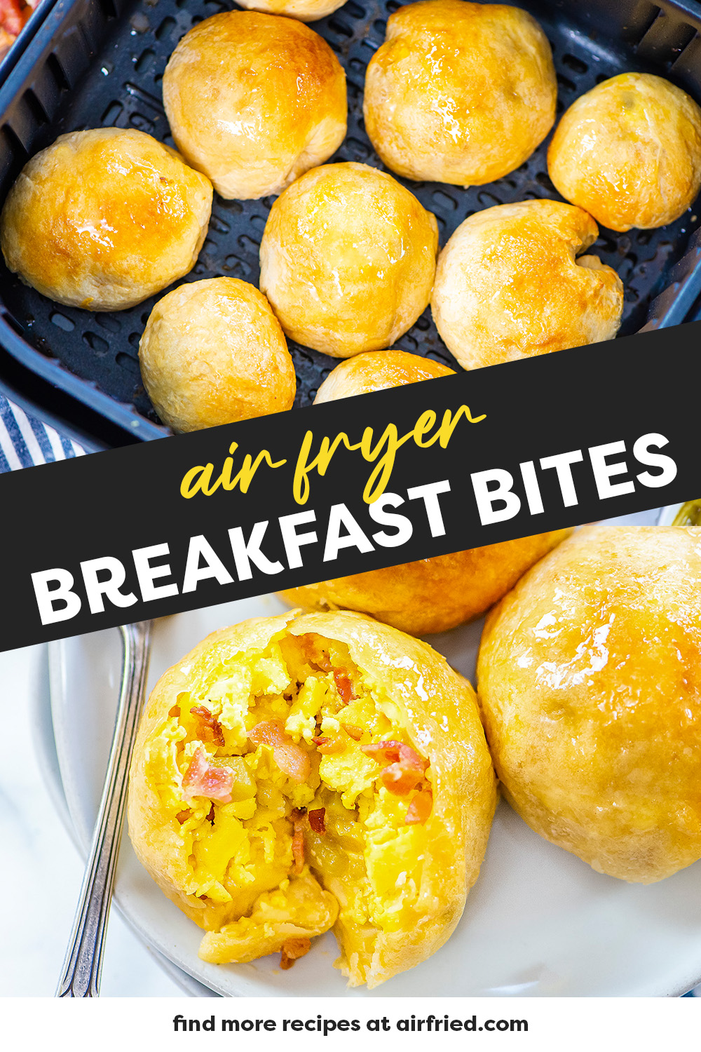 These air fryer breakfast bites are filled with meat and eggs and have a maple butter coating.  They are so amazing!