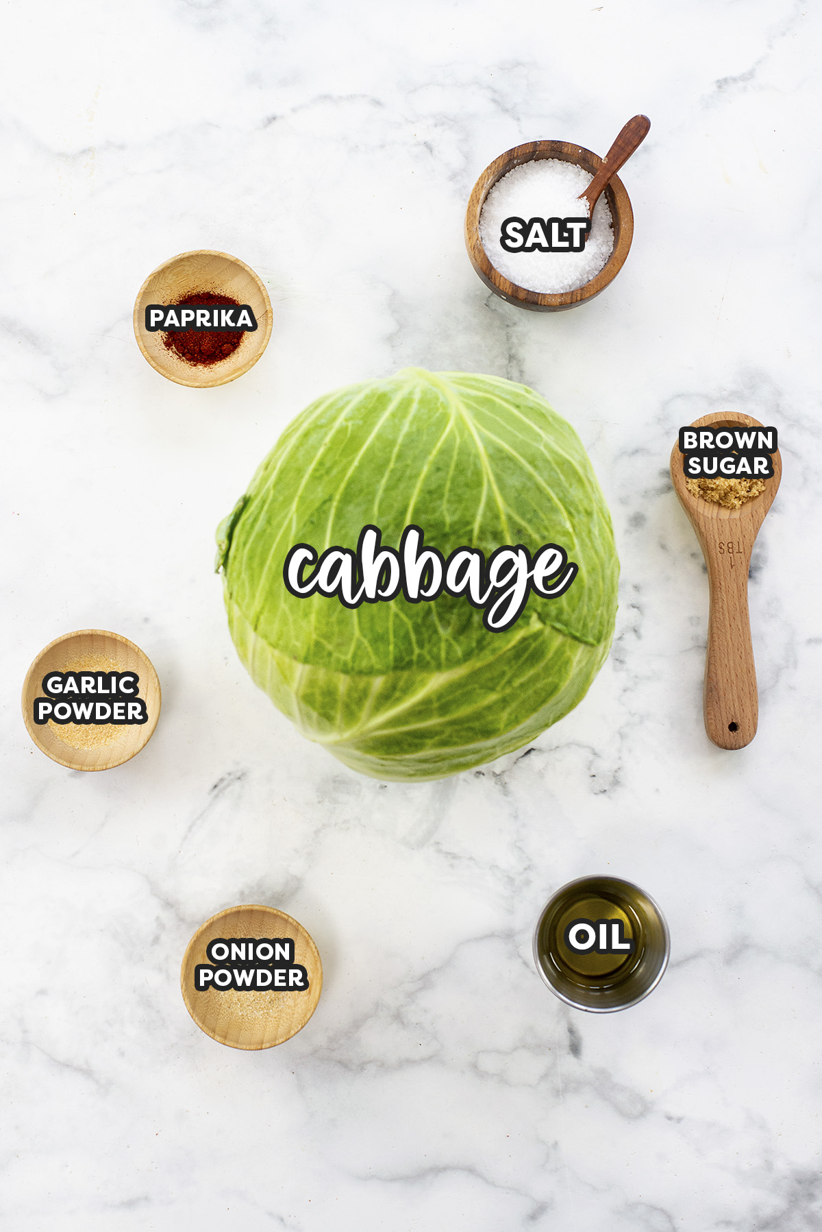 Ingredients needed for cabbage steaks on a countertop.