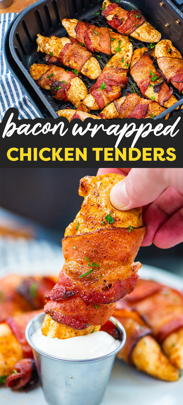 These chicken tenders are wrapped in bacon and then air fried!  The bacon comes out crisp and the tenders nice and moist!