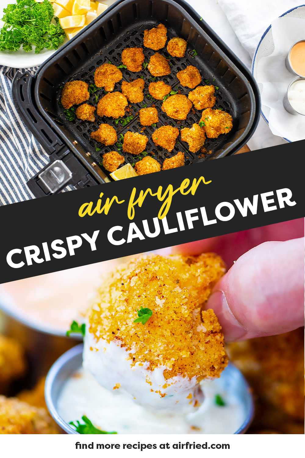 Our Air Fryer Breaded Cauliflower is coated with a simple, flavorful panko mixture, tossed in the air fryer, and cooked until crispy. Serve with your favorite dip and enjoy!