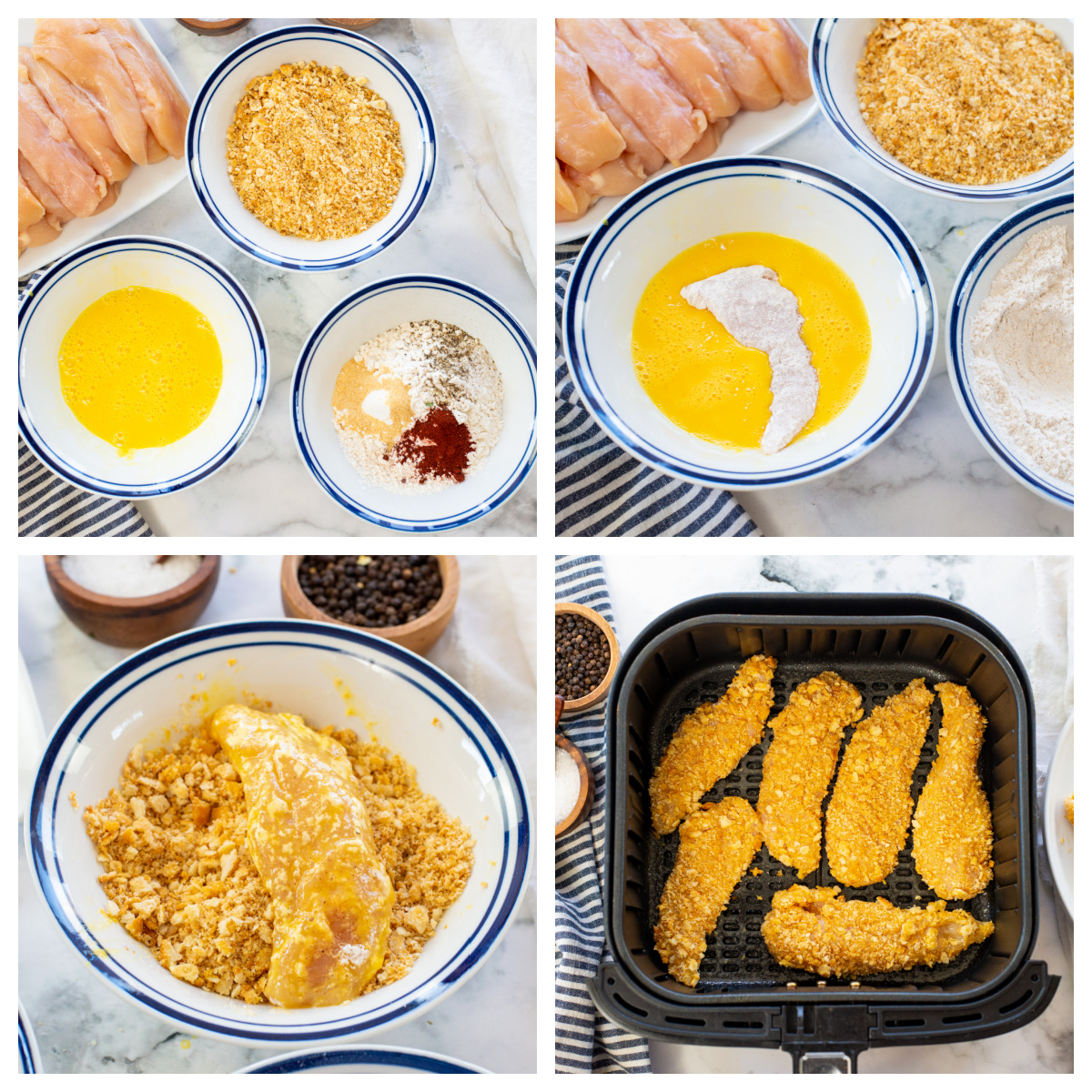 Collage of the steps of making chicken tenders in an air fryer.