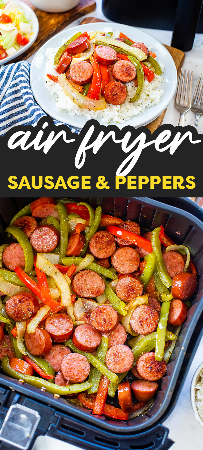 The sausage really pops next to the onions and peppers in this recipe!  The use of the air fryer is perfect for blending the flavors of the sausage and the peppers too!