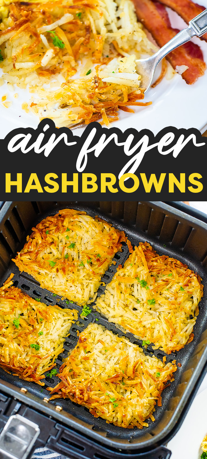Making frozen hash browns in the air fryer is so easy! We start with shredded frozen hashbrowns, toss them in a little oil and seasoning, and pile them in the air fryer! They turn out perfectly crisp around the edges and ready for breakfast in minutes!  