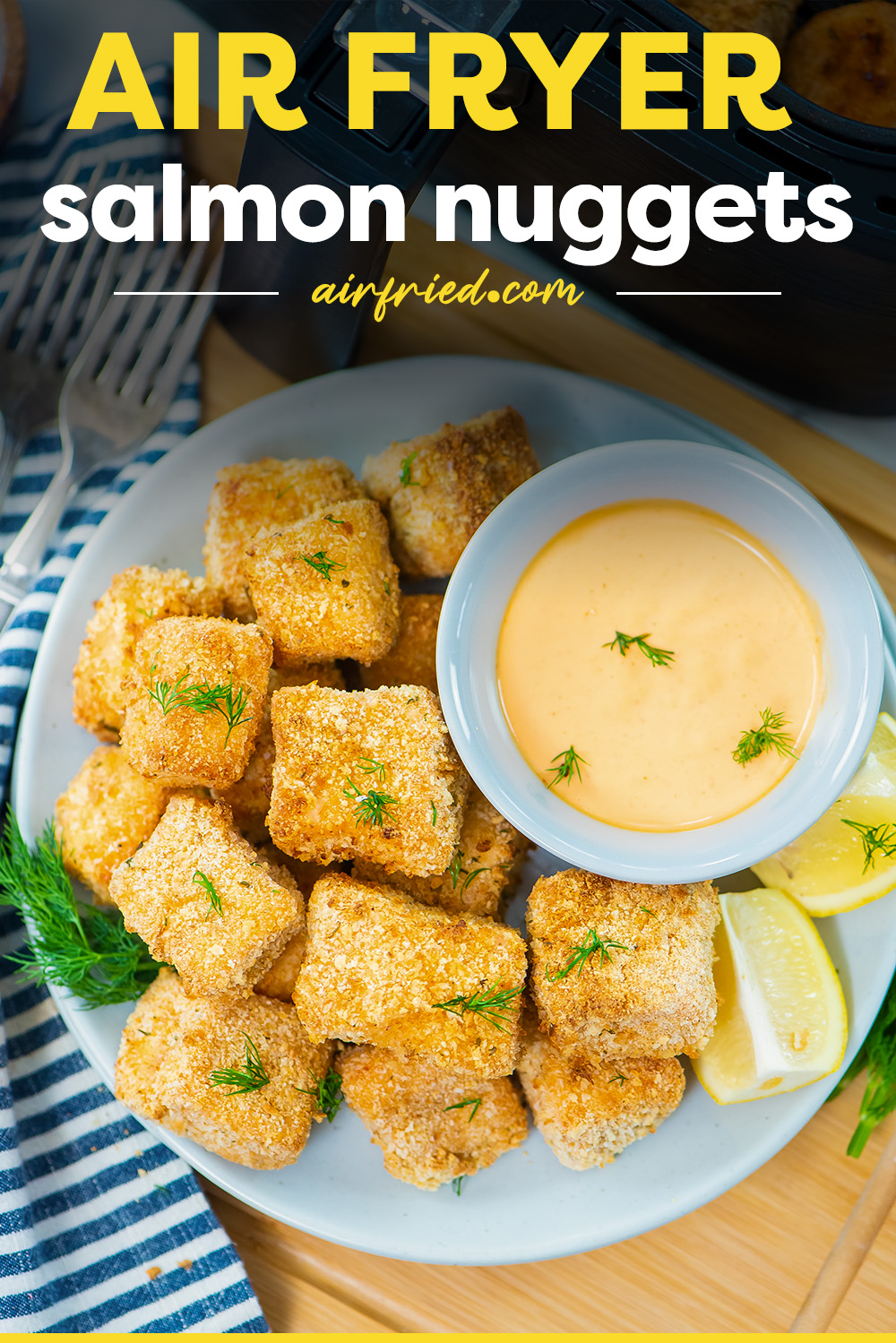This recipe for air fryer salmon nuggets has a crisp flavorful breading.  It's easy to make and cooks in just 10 minutes!
