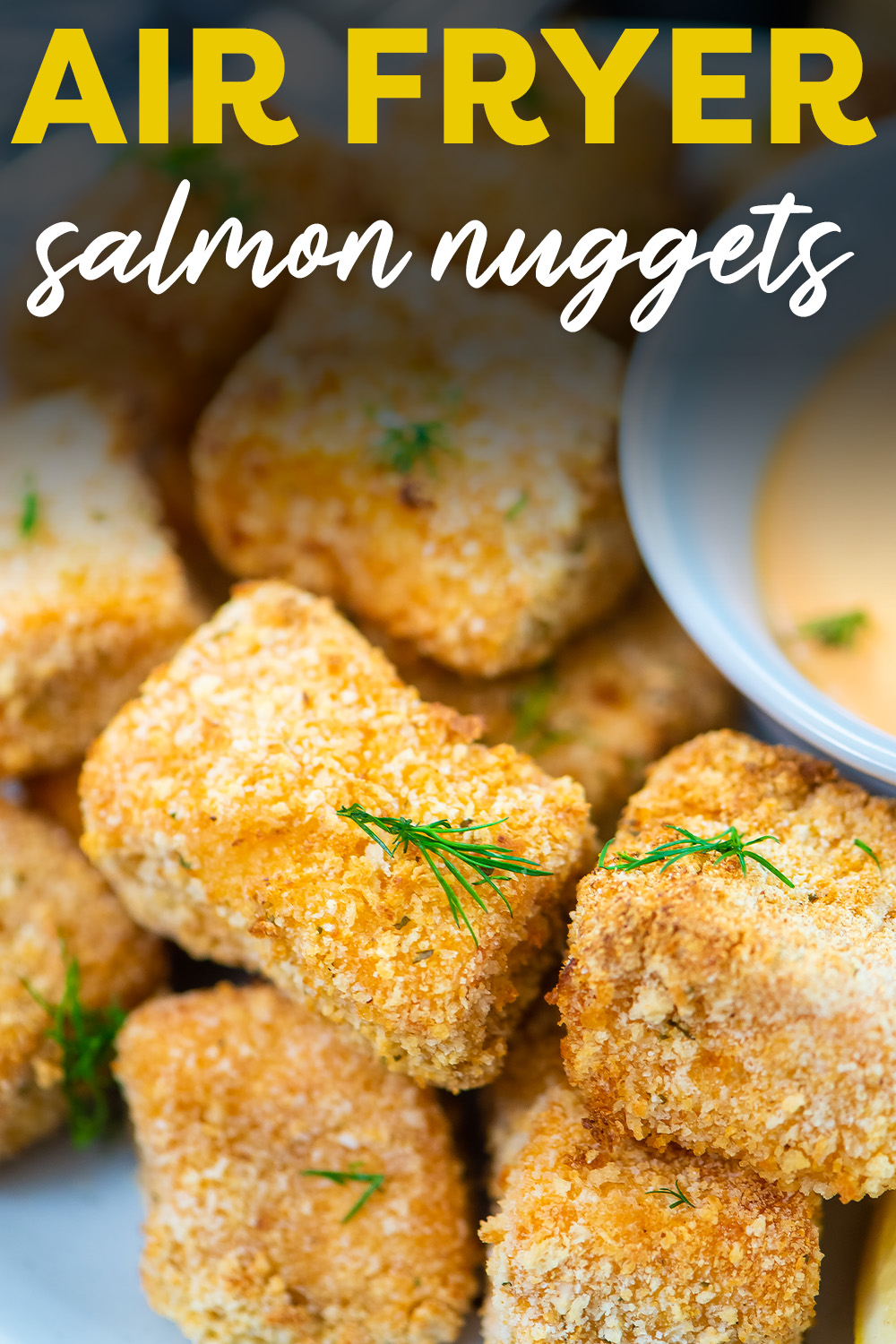 Close up of salmon nuggets.