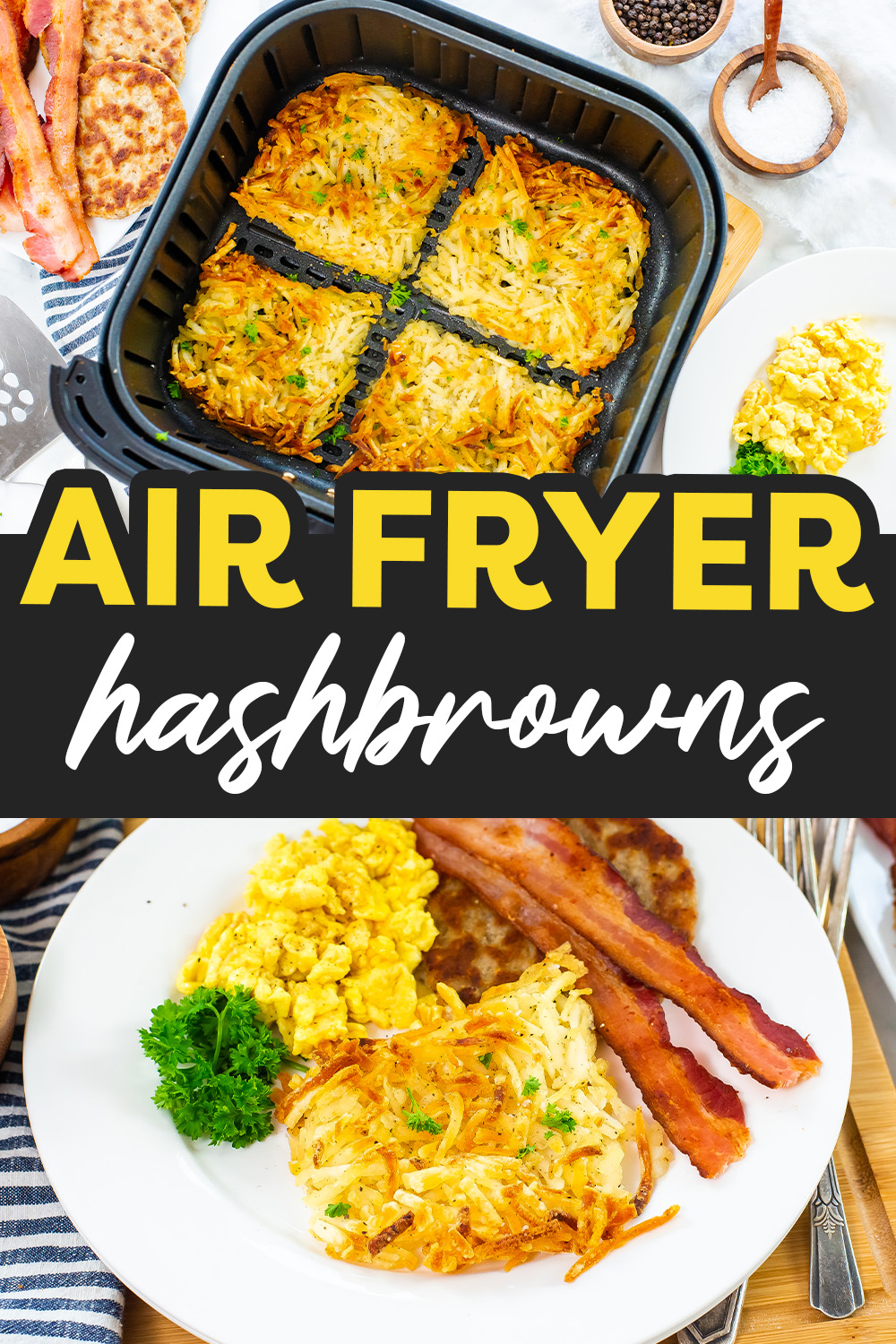 Making frozen hash browns in the air fryer is so easy! We start with shredded frozen hashbrowns, toss them in a little oil and seasoning, and pile them in the air fryer! They turn out perfectly crisp around the edges and ready for breakfast in minutes!  