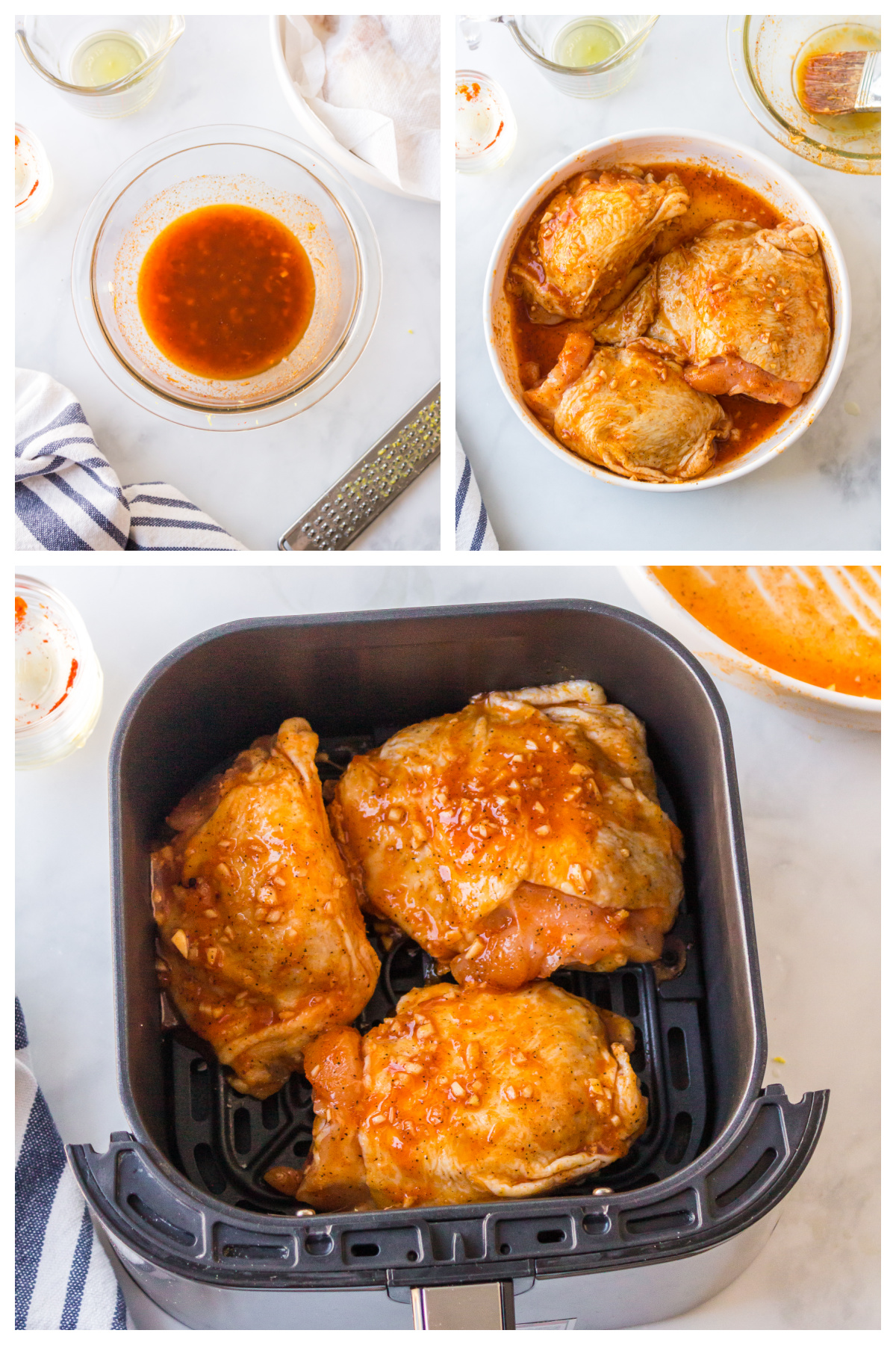 Collage of the steps of cooking chicken thighs.