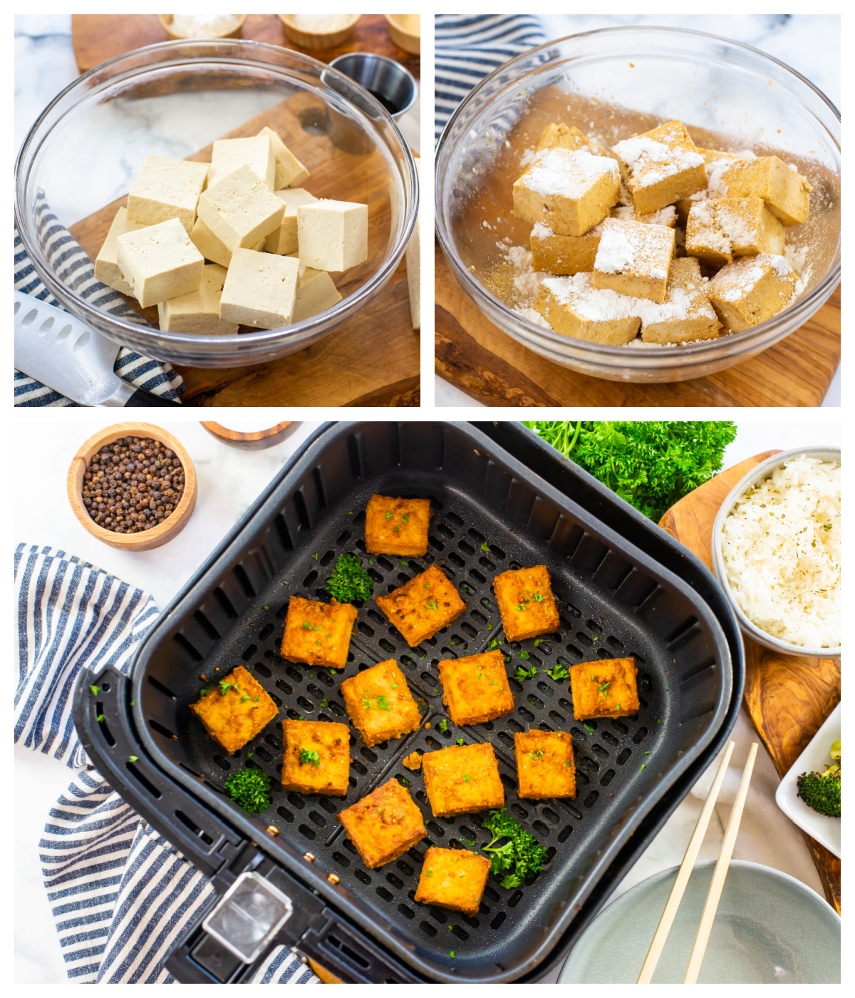Collage showing how to make tofu in the air fryer.