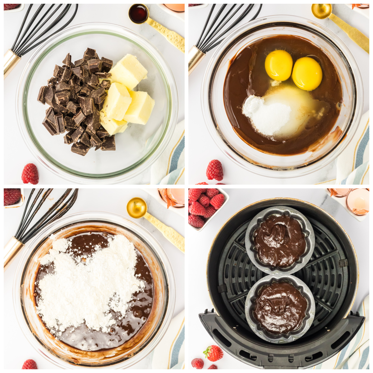 Collage of the steps of making lava cake.