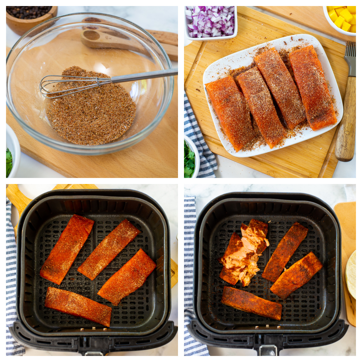 Collage of the steps of cooking salmon fillets.