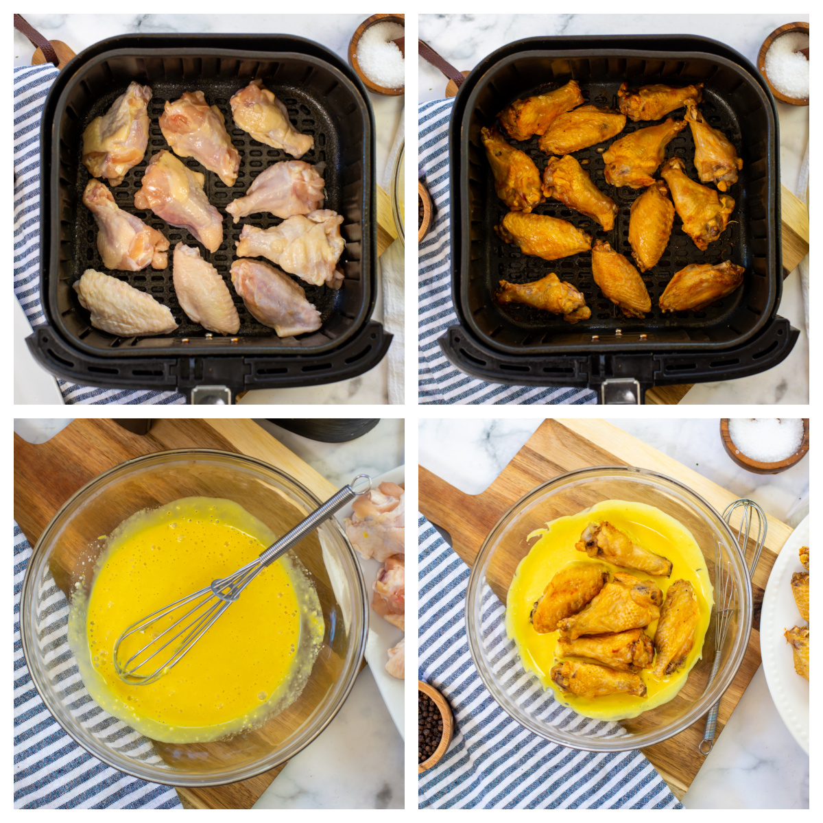 Collage of the steps of cooking honey mustard chicken wings.