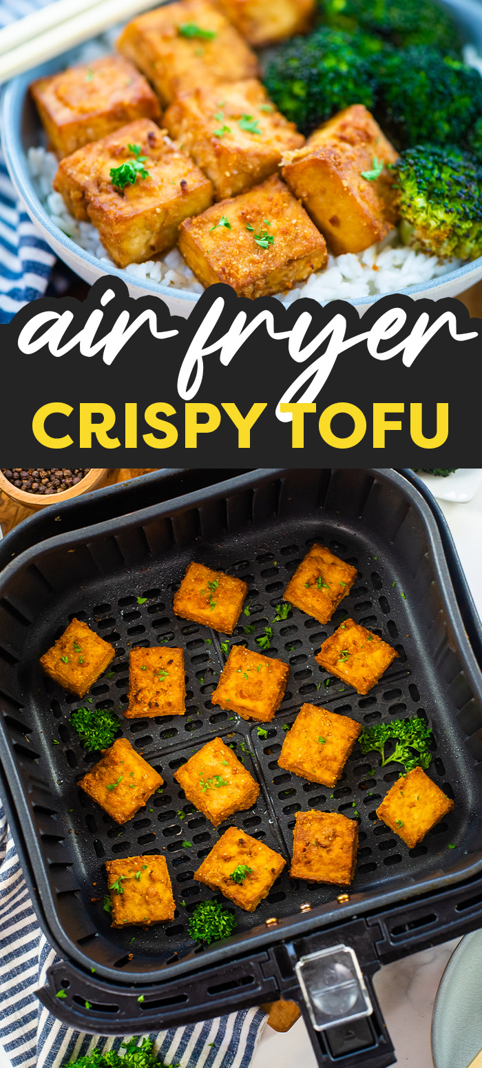 This crispy tofu was made in the air fryer!  It is super simple with a very light breading and some mild seasoning for a great taste!
