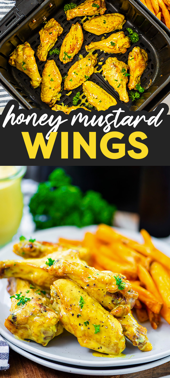 These wings have crispy skin thanks to the air fryer!  We took those crispy wings and smothered them in homemade honey mustard!