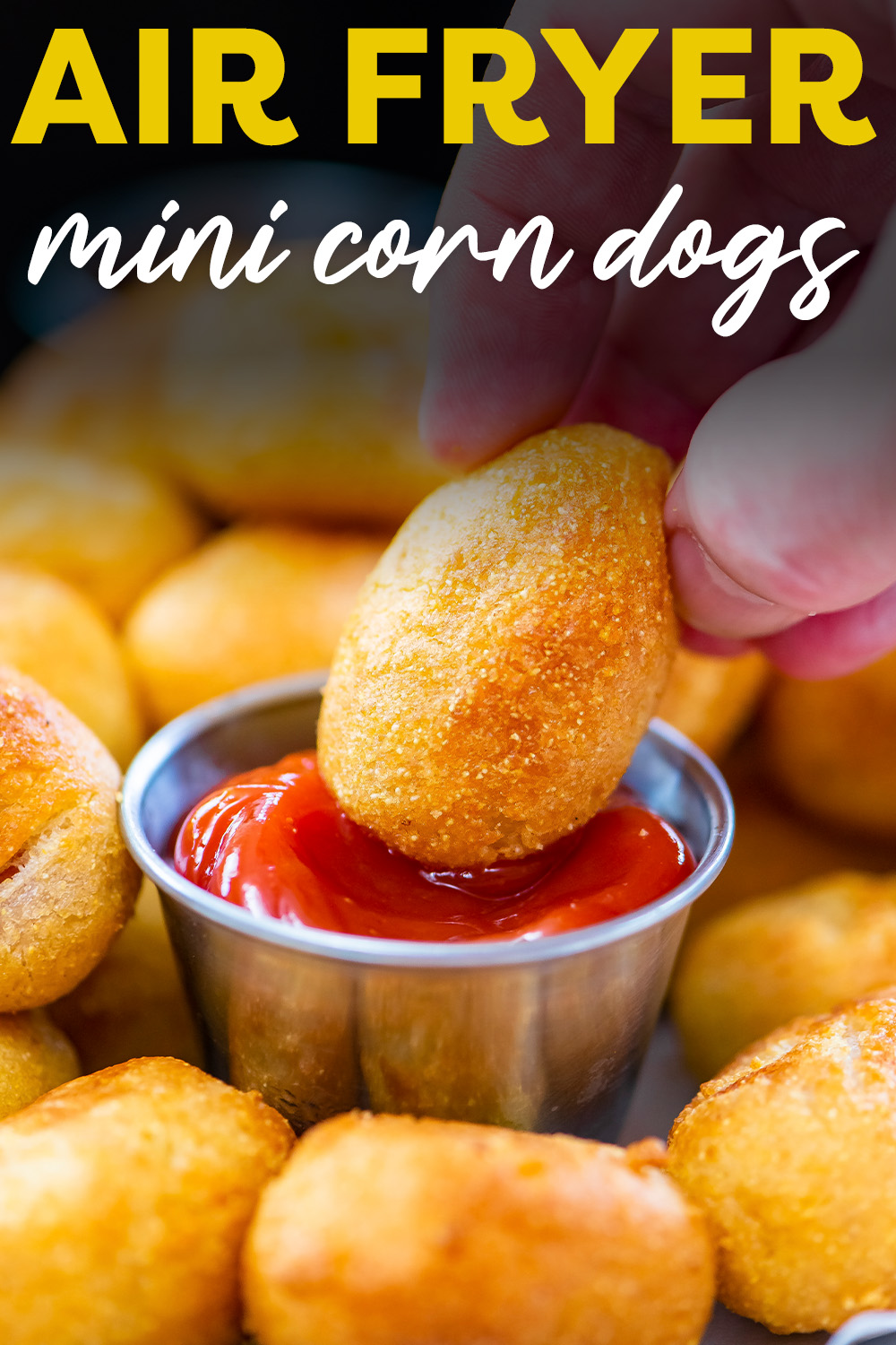 This recipe for air fryer mini corn dogs does a great job of mimicking the deep-fried cornmeal batter!  Best part is, you can use frozen mini corn dogs and still get great results!