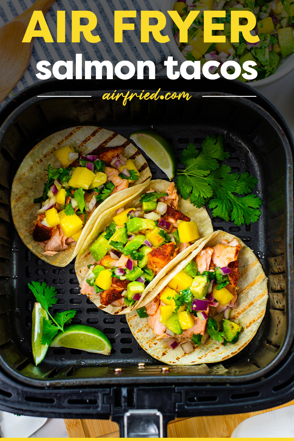 These salmon tacos look as good as they taste thanks to our mango avocado salsa!  There is everything to love about this recipe!