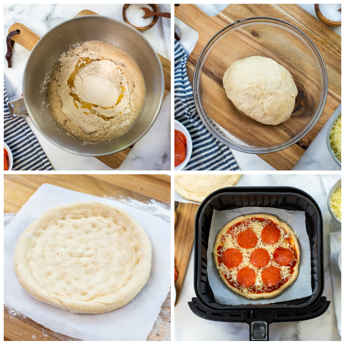Collage of the steps of cooking pizza with homemade dough.