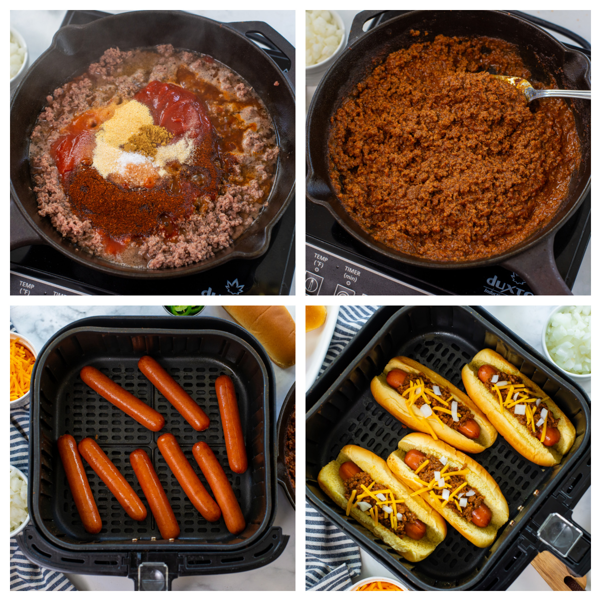 Collage of cooking air fryer chili dogs.