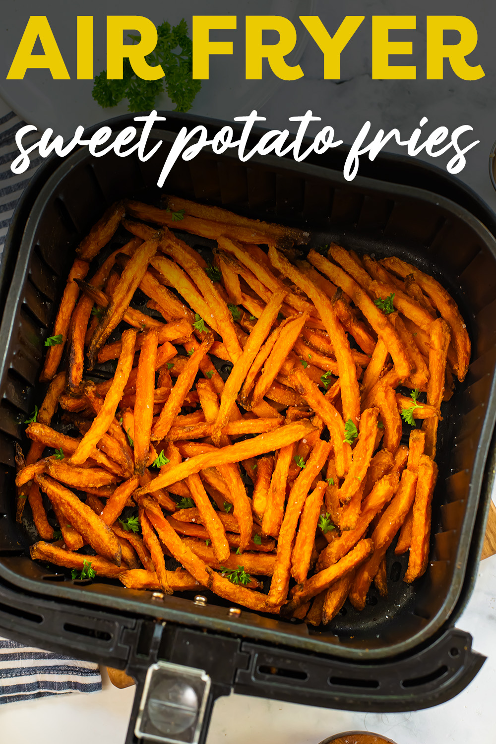 We took frozen sweet potato fries and cooked them to a crispy perfection in our air fryer with this recipe!